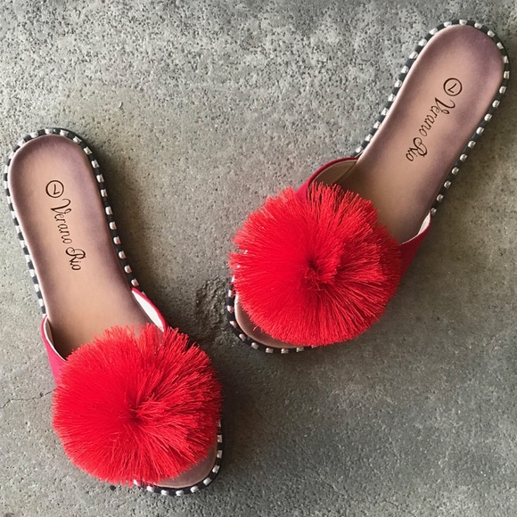 Verano Rio Red Pom Pom Mule Slide Studded Sandal - Picture 6 of 14